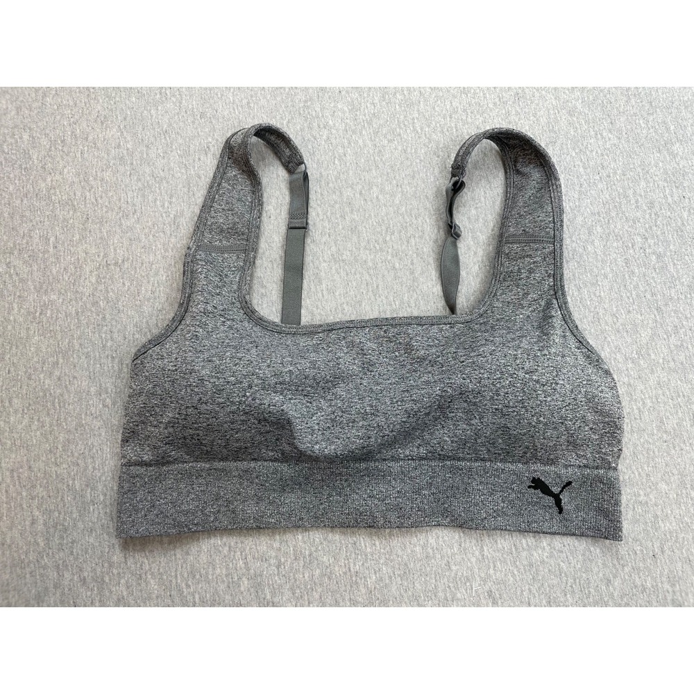 Puma Sport Bra Womens XL Gray Heathered Stretch Adjustable Strap Logo
